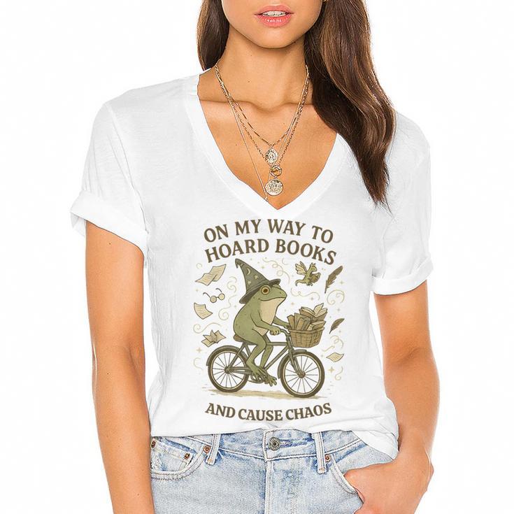 On My Way To Hoard Books And Cause Chaos Tom Foolery Women's Jersey Short Sleeve Deep V-Neck Tshirt				