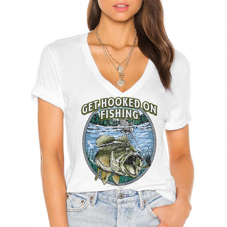 Hooked On Fishing Introvert Sayings Antisocial Quotes Raglan Baseball Tee Women's Jersey Short Sleeve Deep V-Neck Tshirt
