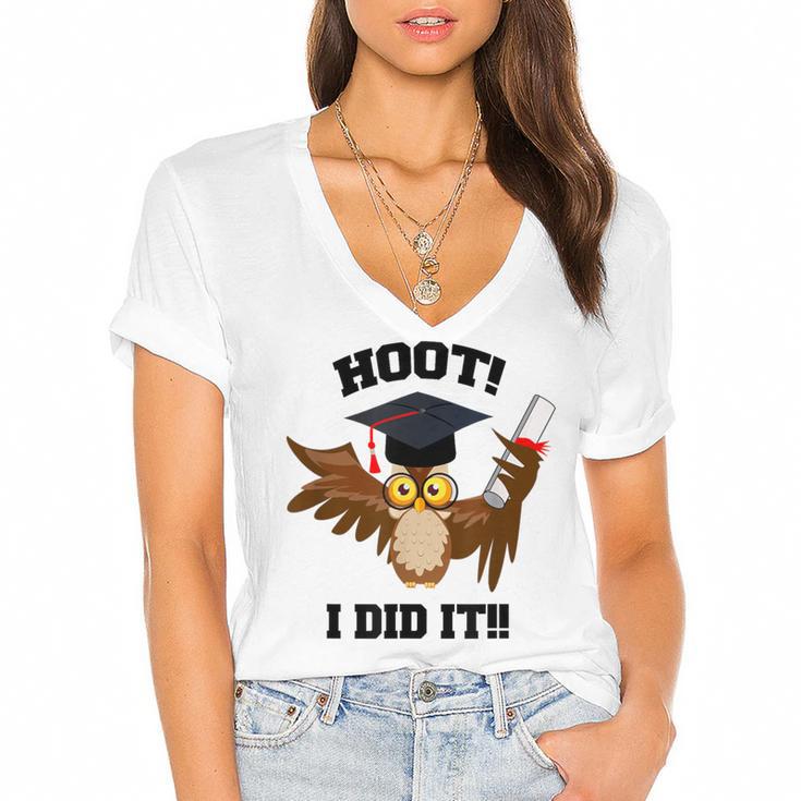 Hoot I Did It Grad Owl Holding Graduation Diploma Congrats Women's Jersey Short Sleeve Deep V-Neck Tshirt				