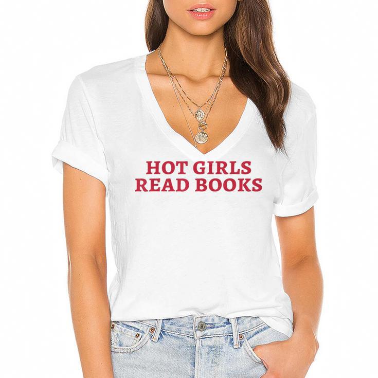 Hot Girls Read Books Book Lovers Women's Jersey Short Sleeve Deep V-Neck Tshirt				