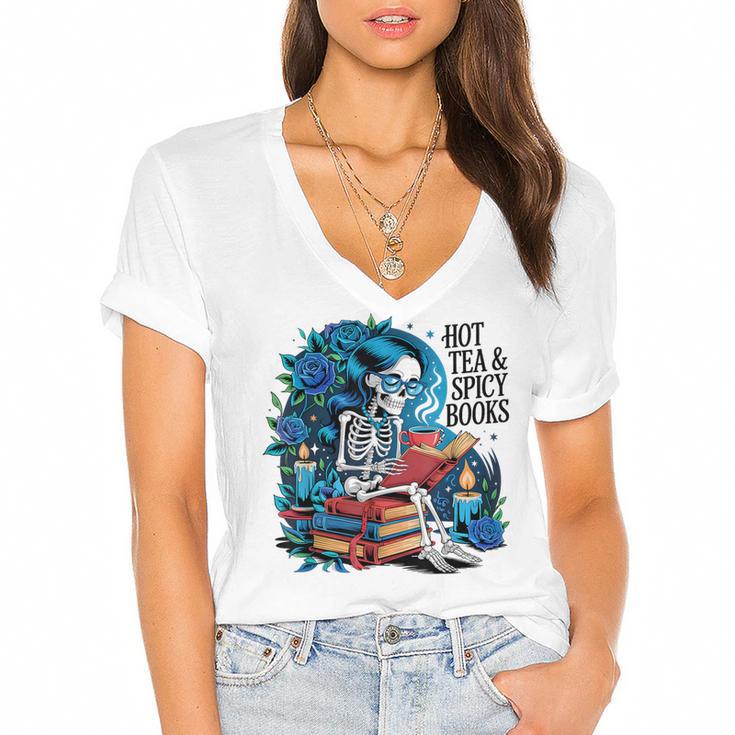 Hot Tea & Spicy Books Skeleton Reader Women's Jersey Short Sleeve Deep V-Neck Tshirt