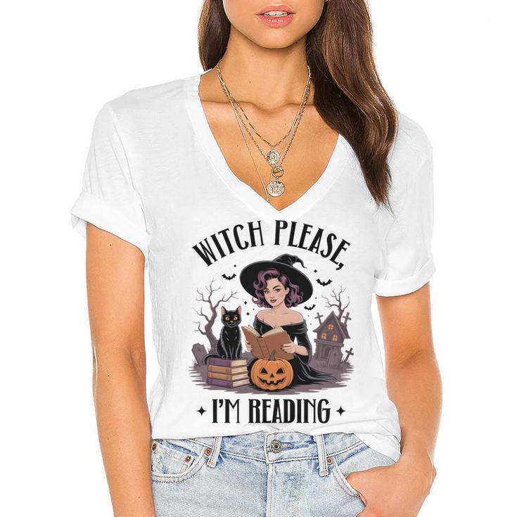 I'm Reading Halloween Witch Book Lover Women's Jersey Short Sleeve Deep V-Neck Tshirt