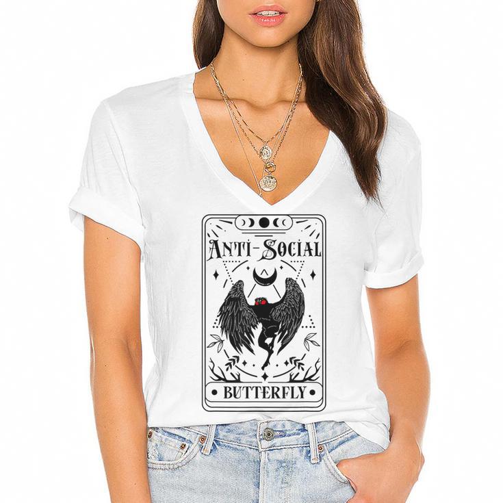 Introvert Apparel Emporium Mothman Tarot Card Antisocial Butterfly Cryptozoologist -Adults Grey Women's Jersey Short Sleeve Deep V-Neck Tshirt				