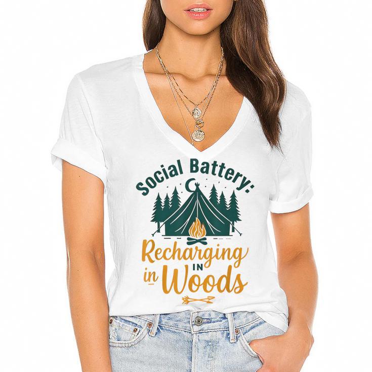 Introvert Camping Social Battery Recharging In The Woods Women's Jersey Short Sleeve Deep V-Neck Tshirt