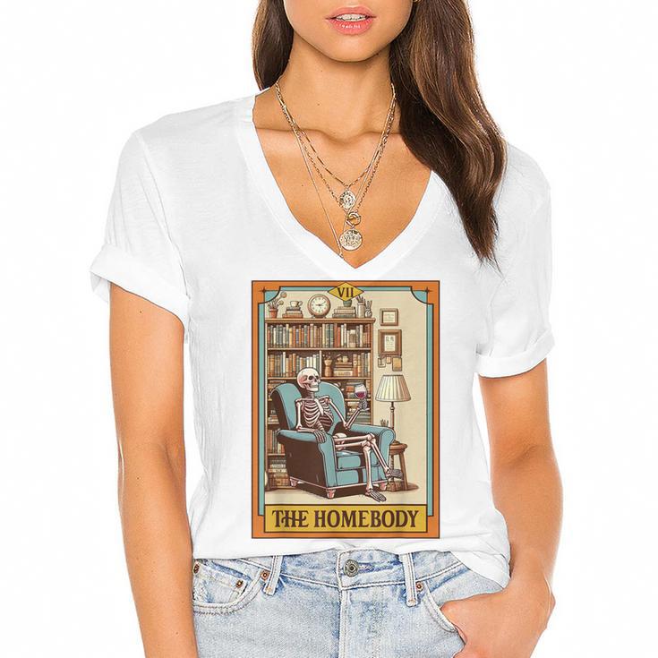 Introvert Homebody Awkward Skeleton The Homebody Tarot Card Women's Jersey Short Sleeve Deep V-Neck Tshirt