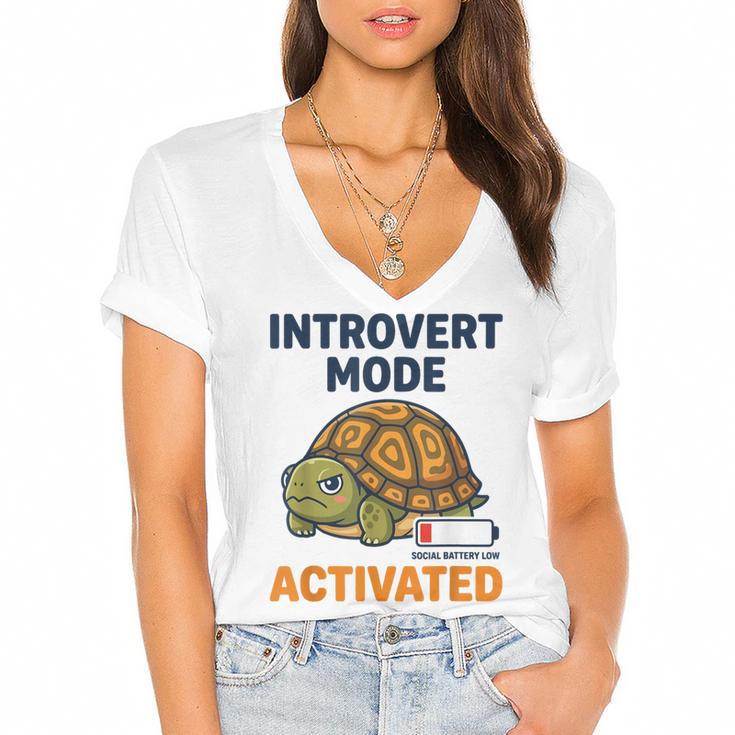 Introvert Mode Activated Low Social Battery Box Turtle Women's Jersey Short Sleeve Deep V-Neck Tshirt