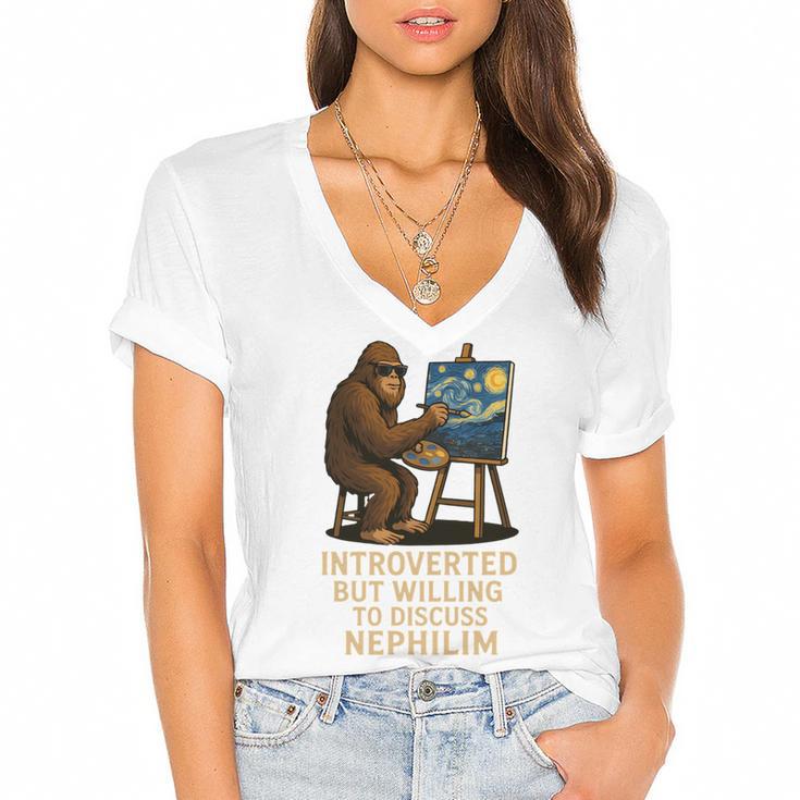 Introverted But Willing To Discuss Nephilim Women's Jersey Short Sleeve Deep V-Neck Tshirt				