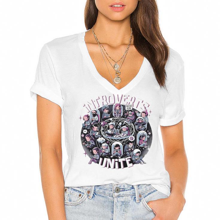 Introverts Unite Quirky Solitude Women's Jersey Short Sleeve Deep V-Neck Tshirt