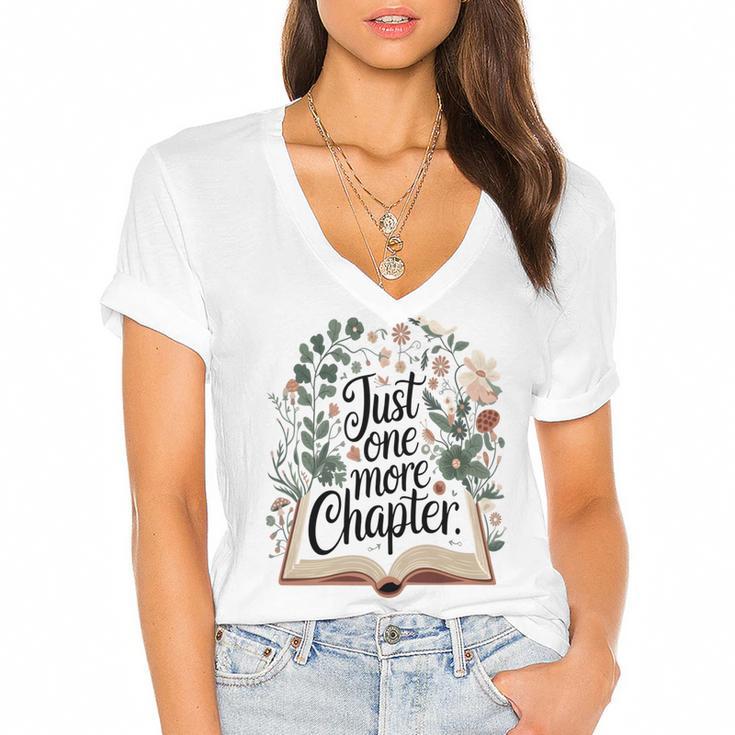 Just One More Chapter Bookish Book Reading Botanical Women's Jersey Short Sleeve Deep V-Neck Tshirt				