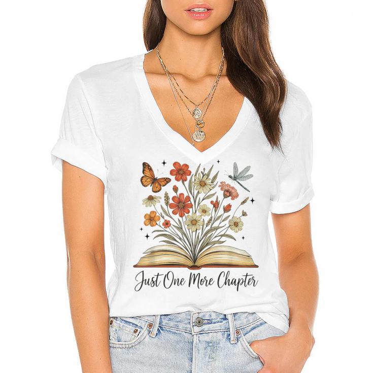 Just One More Chapter Open Book Flowers Women's Jersey Short Sleeve Deep V-Neck Tshirt				