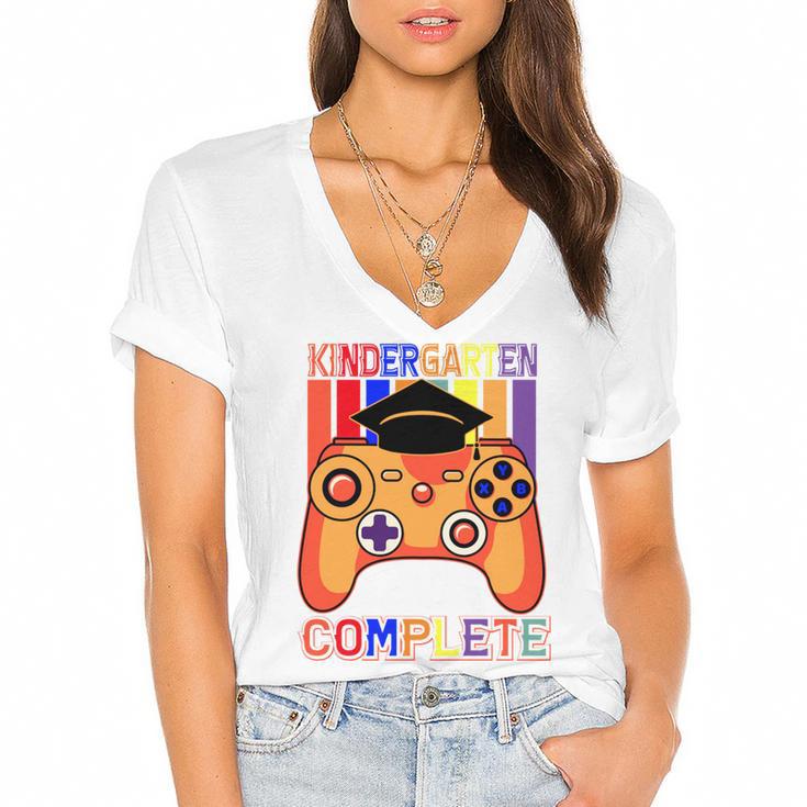 Kindergarten Graduation Level Complete Gamer Graduation Kids Women's Jersey Short Sleeve Deep V-Neck Tshirt				