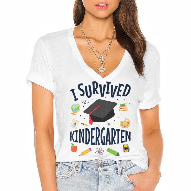 Kindergarten Graduation Shirt I Survived Kindergarten Women's Jersey Short Sleeve Deep V-Neck Tshirt				