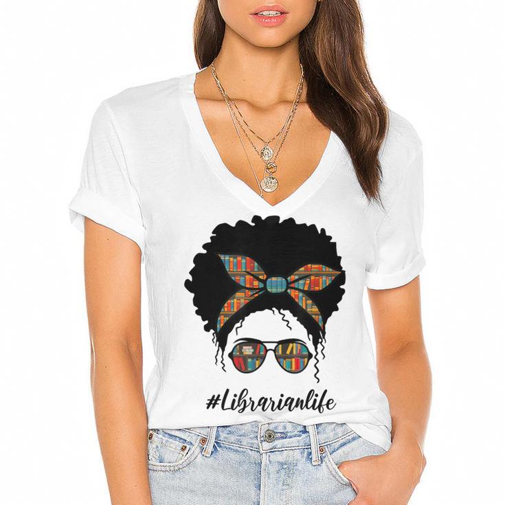 Librarian Teacher Messy Bun Life Book Library Back To School Women's Jersey Short Sleeve Deep V-Neck Tshirt				