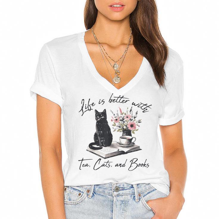 Life Better With 2 Cats Books Kitten Kitty Women Girls Kids Women's Jersey Short Sleeve Deep V-Neck Tshirt				