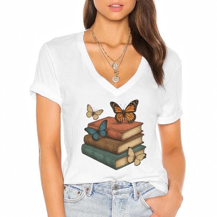 Life Is Better With Butterflies And Books Cute Butterfly Women's Jersey Short Sleeve Deep V-Neck Tshirt				