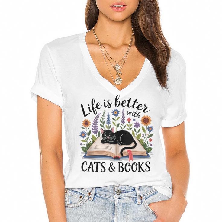Life Is Better With Cats And Books Women's Jersey Short Sleeve Deep V-Neck Tshirt