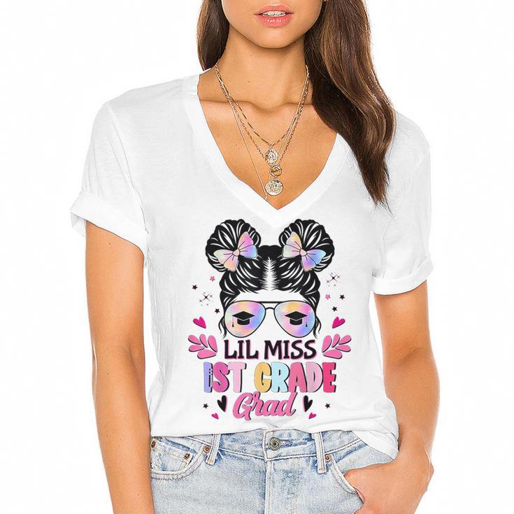 Lil Miss 1st Grade Grad Graduation Last Day Of 1st Grade Women's Jersey Short Sleeve Deep V-Neck Tshirt				