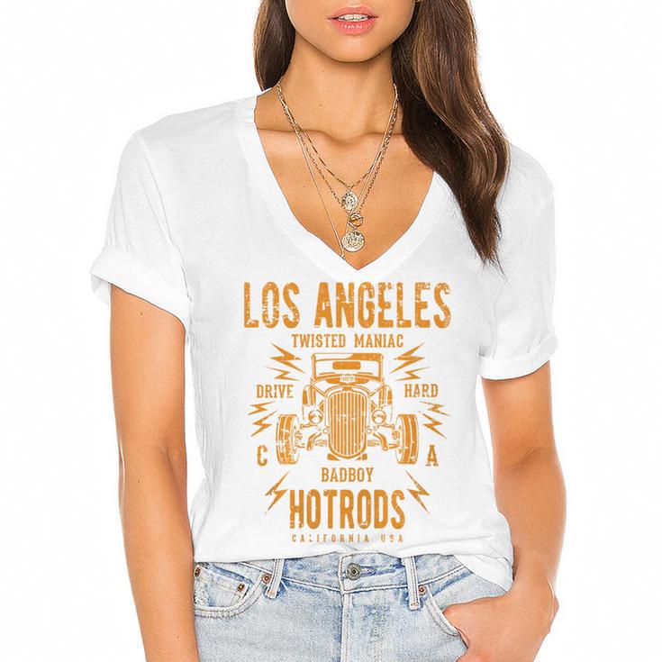 Los Angeles Hotrods Automotive Nostalgia Distressed Premium Tri-Blend Women's Jersey Short Sleeve Deep V-Neck Tshirt
