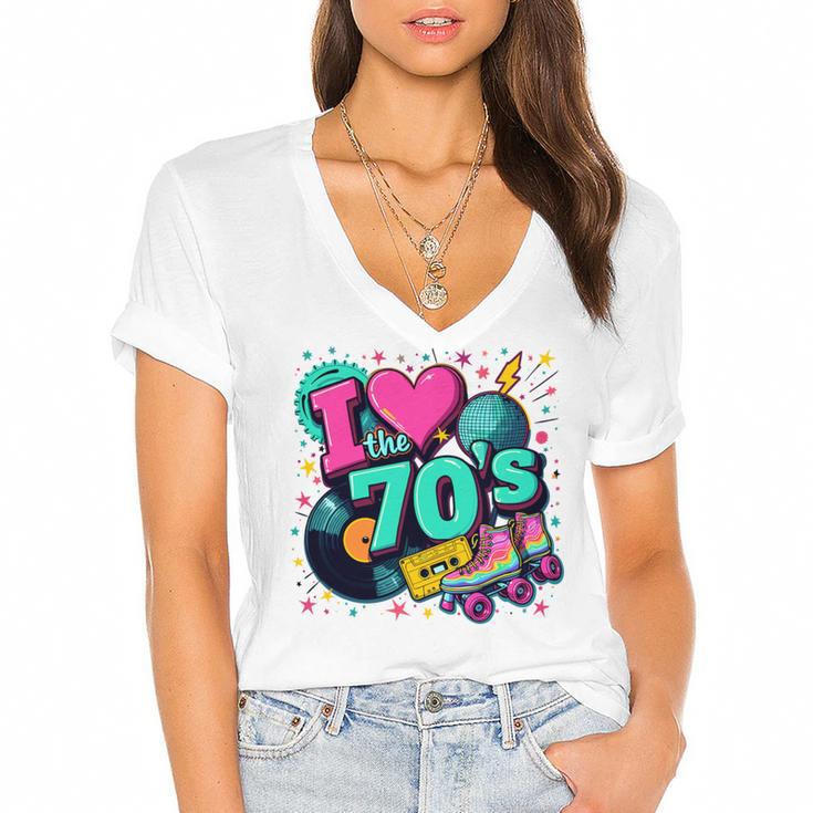 I Love The 70s Retro Cassette Roller Vinyl Disco Nostalgia Women's Jersey Short Sleeve Deep V-Neck Tshirt