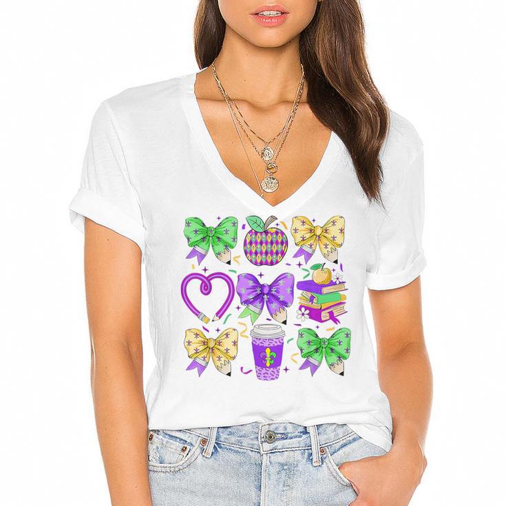Mardi Gras Teacher Coquette Bow Pencil Apple Book Women Girl Women's Jersey Short Sleeve Deep V-Neck Tshirt				