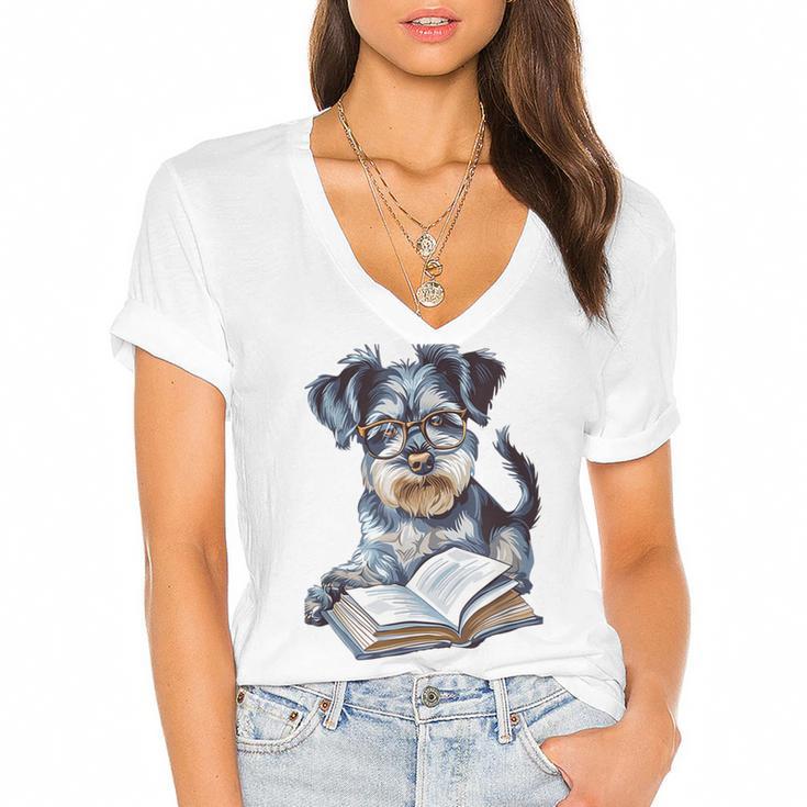 Nerdy Schnauzer Dog Book Lover Glasses Cute Pet For Men Women Kids Women's Jersey Short Sleeve Deep V-Neck Tshirt				