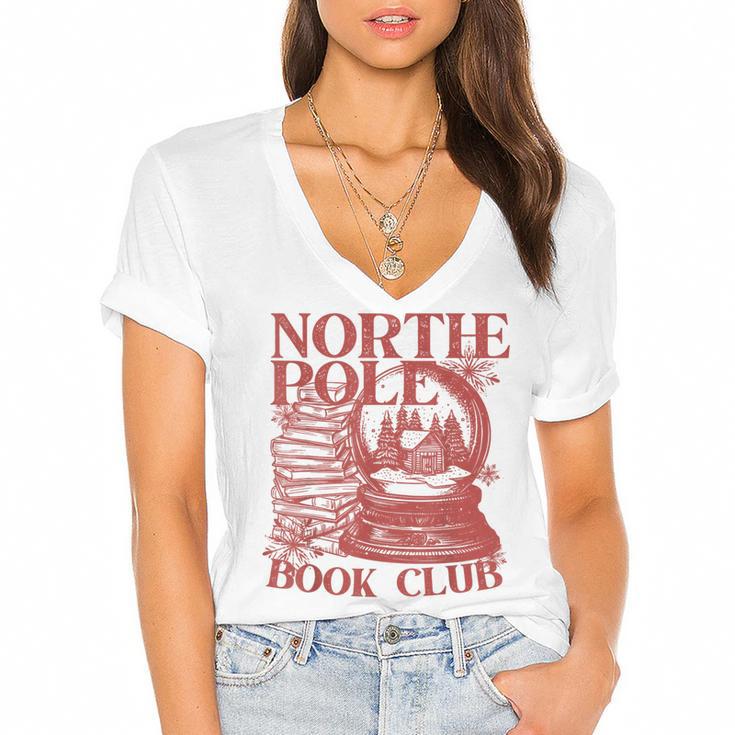 North Pole Book Club Christmas Women's Jersey Short Sleeve Deep V-Neck Tshirt