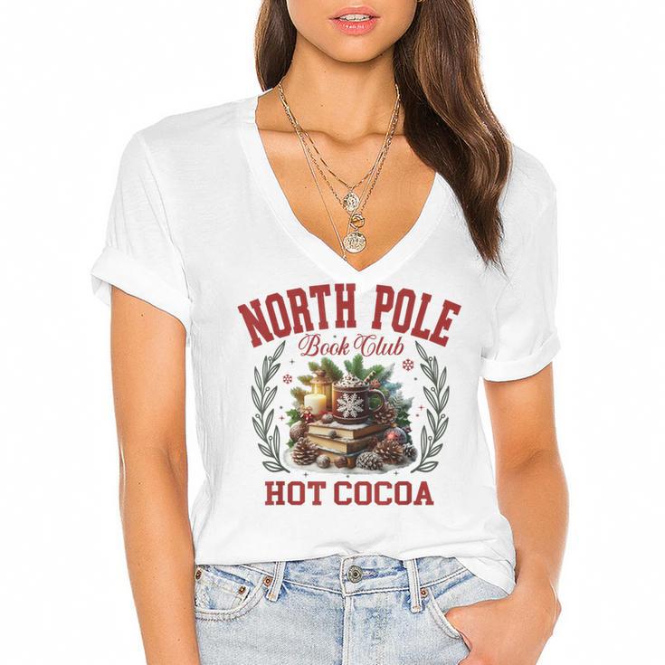 North Pole Book Club Hot Cocoa Bookworm Christmas Xmas Women's Jersey Short Sleeve Deep V-Neck Tshirt				