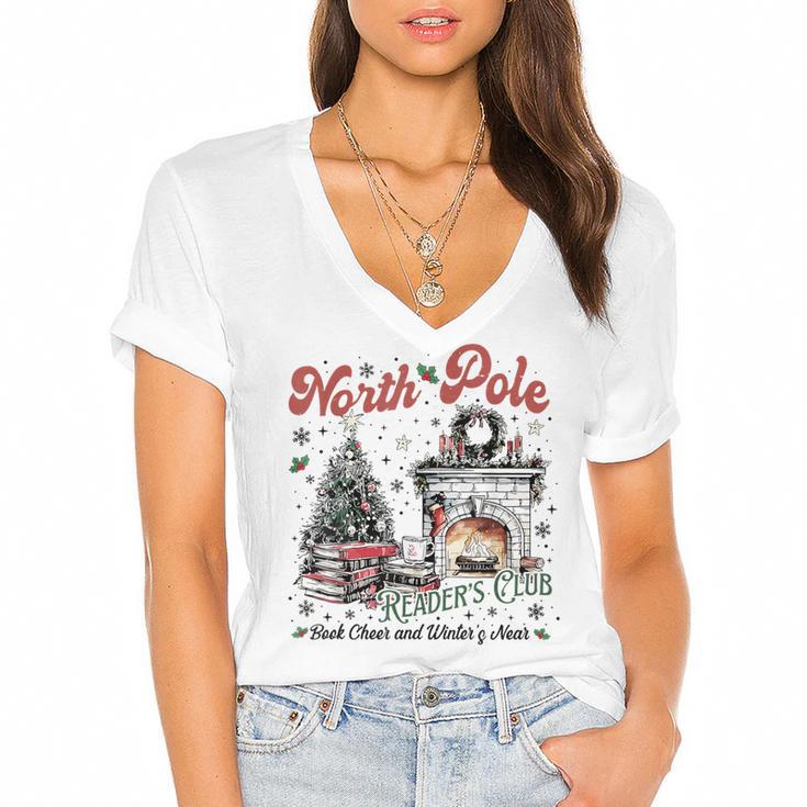 North Pole Book Club Book Lover Bookish Bookworm Christmas Women's Jersey Short Sleeve Deep V-Neck Tshirt