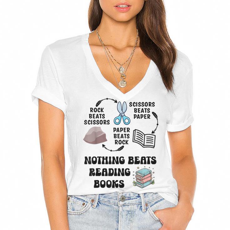 Nothing Beats Reading Rock Paper Scissors Reader Book Lover Women's Jersey Short Sleeve Deep V-Neck Tshirt				