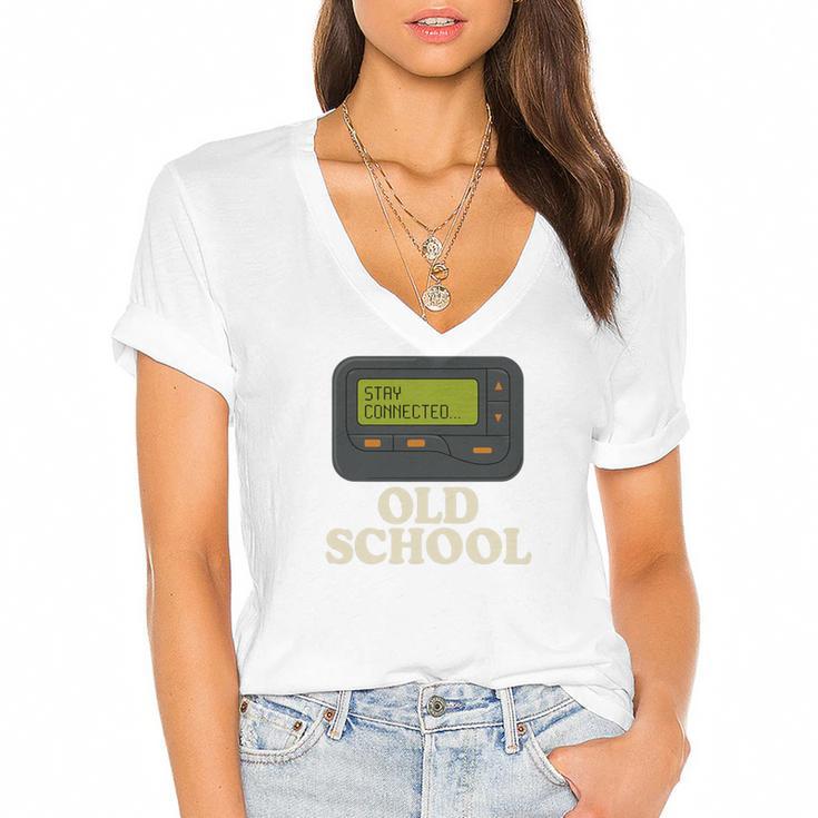 Old School 90s Pager Retro Nostalgia Vintage Tech Gen Women's Jersey Short Sleeve Deep V-Neck Tshirt