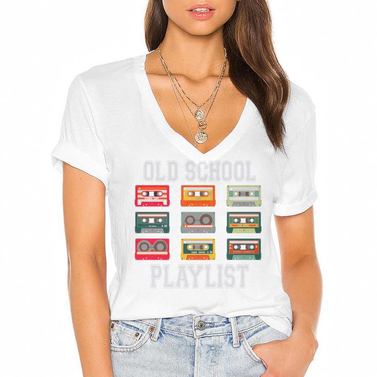 Old School Playlist Nostalgia Vibes Cassette Women's Jersey Short Sleeve Deep V-Neck Tshirt