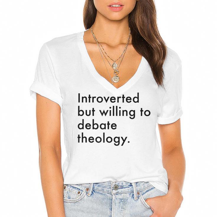 Theology Introvert Christian Conversation Starters Women's Jersey Short Sleeve Deep V-Neck Tshirt