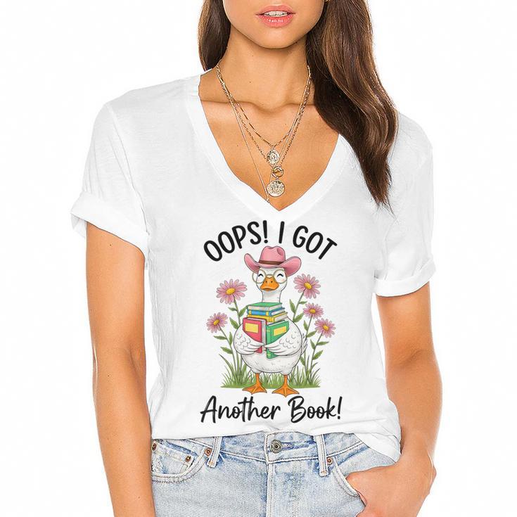 Oops I Got Another Book Cute Goose Librarian Reading Teacher Women's Jersey Short Sleeve Deep V-Neck Tshirt				