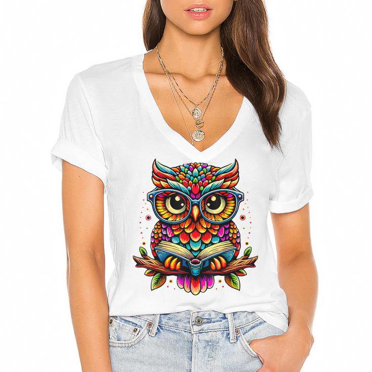 Owl With Glasses And Book Reading Women's Jersey Short Sleeve Deep V-Neck Tshirt				