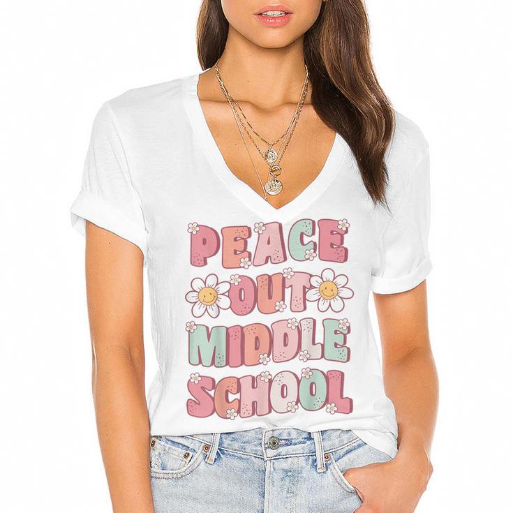 Peace Out Middle School Graduation Groovy Last Day Of School Women's Jersey Short Sleeve Deep V-Neck Tshirt				