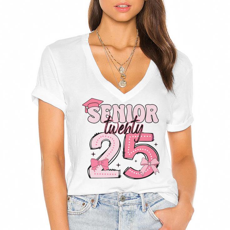 Pink Coquette Bow Senior 2025 Back To School Graduation Girl Women's Jersey Short Sleeve Deep V-Neck Tshirt