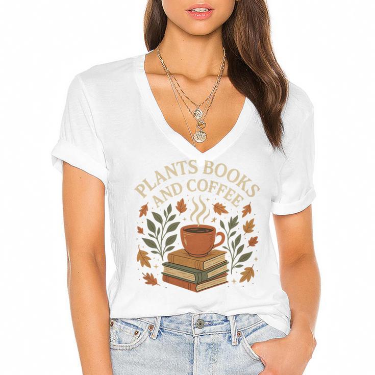 Plants Books And Coffee Nature Leaves Reading Book Lover Premium Tri-Blend Women's Jersey Short Sleeve Deep V-Neck Tshirt				
