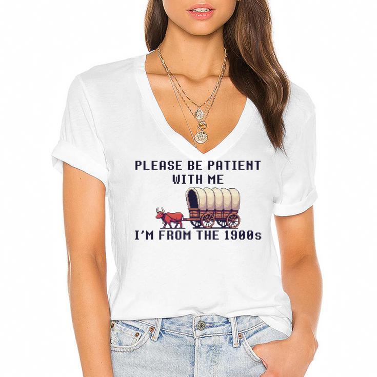 PLEASE BE PATIENT WITH ME I'M FROM THE 1900s 90s Meme Premium Women's Jersey Short Sleeve Deep V-Neck Tshirt