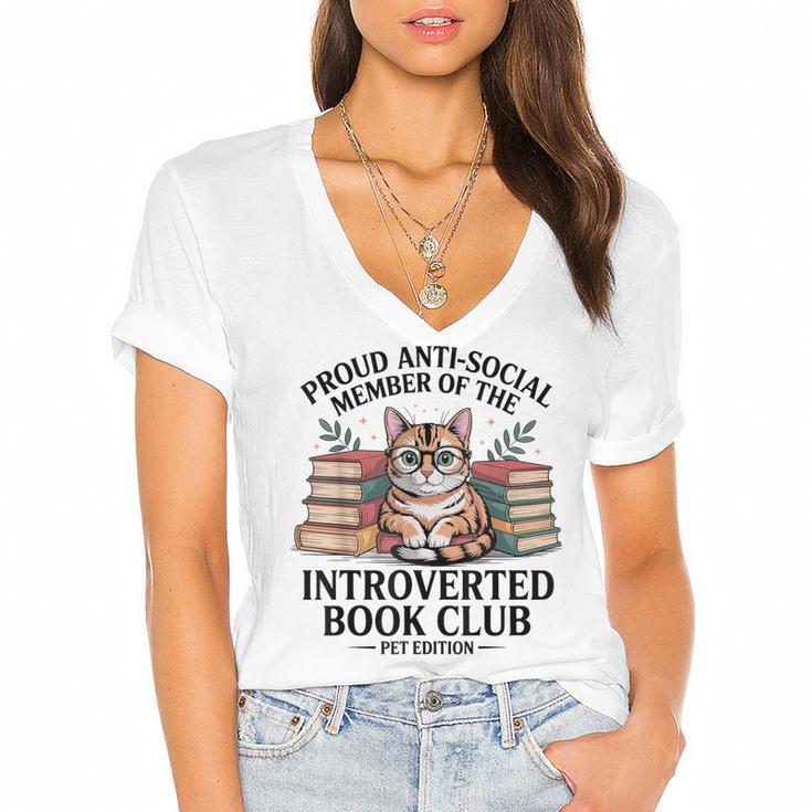 Proud Introverted Book Club Anti Social Reader Pet Cat Women's Jersey Short Sleeve Deep V-Neck Tshirt