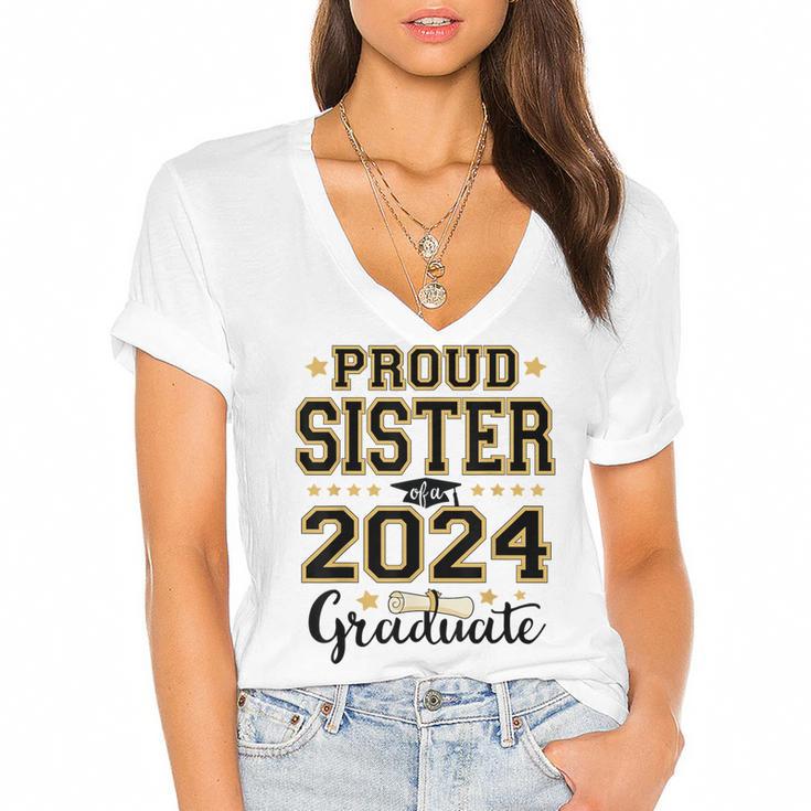 Proud Sister Of A 2024 Graduate Senior Graduation Women's Jersey Short Sleeve Deep V-Neck Tshirt				