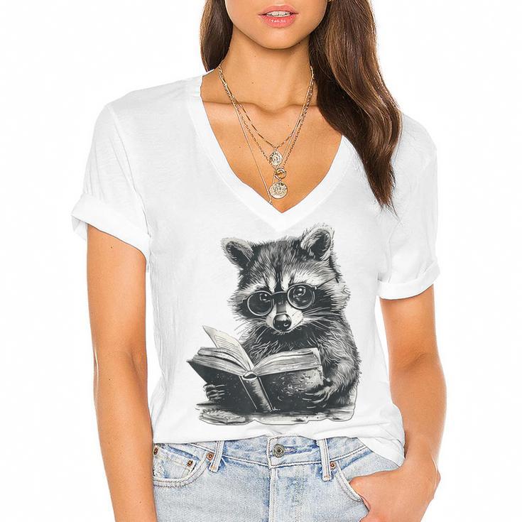 Raccoon With Book Cute Raccoons Reading Books Women's Jersey Short Sleeve Deep V-Neck Tshirt				