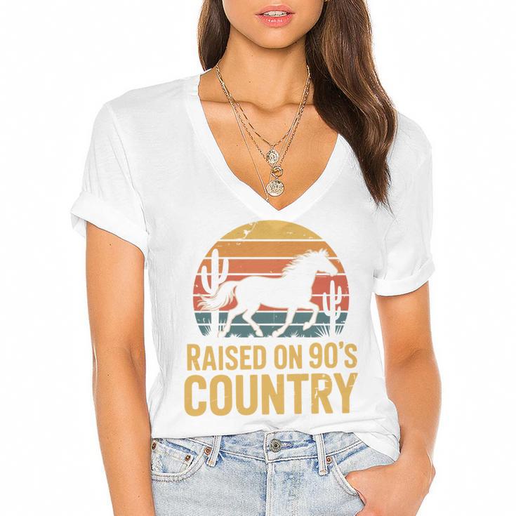 Raised On 90’s Country Horse Retro Nostalgia Western Music Women's Jersey Short Sleeve Deep V-Neck Tshirt