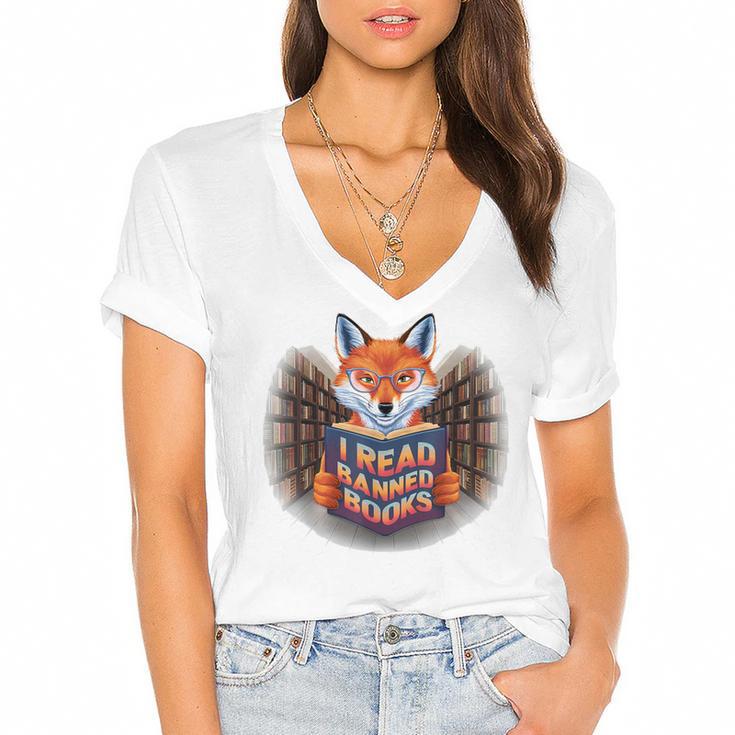 I Read Banned Books Sly Fox Reading Books Women's Jersey Short Sleeve Deep V-Neck Tshirt				