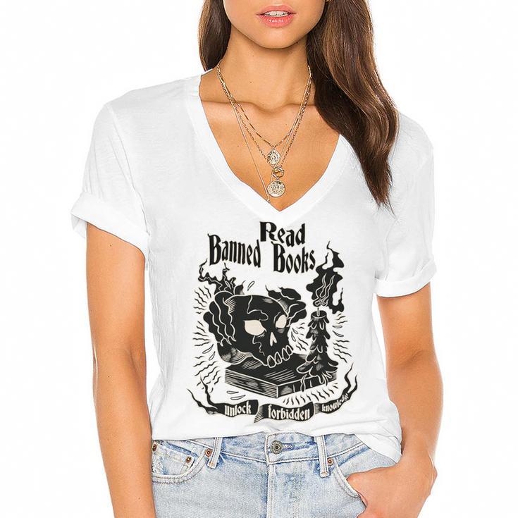 Read Banned Books Unlock Forbidden Knowledge Women's Jersey Short Sleeve Deep V-Neck Tshirt				