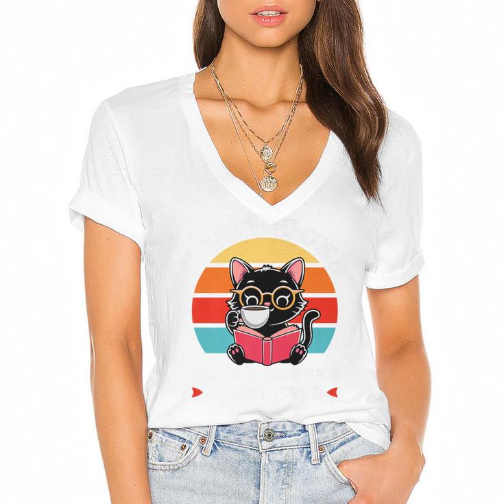 Read Books Drink Coffee Fight Evil Cat Premium Women's Jersey Short Sleeve Deep V-Neck Tshirt				