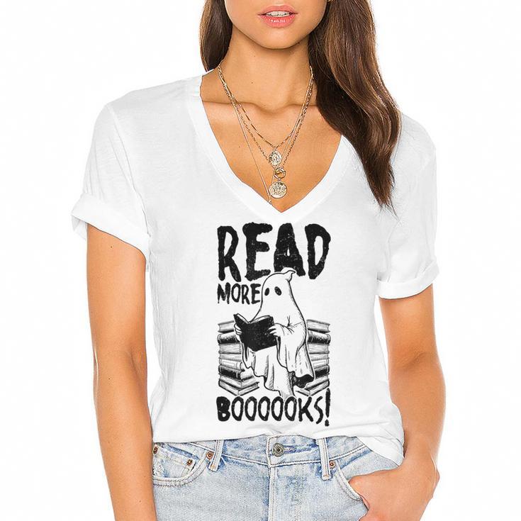 Read More Books Ghost Halloween Reading Teacher Literacy Women's Jersey Short Sleeve Deep V-Neck Tshirt