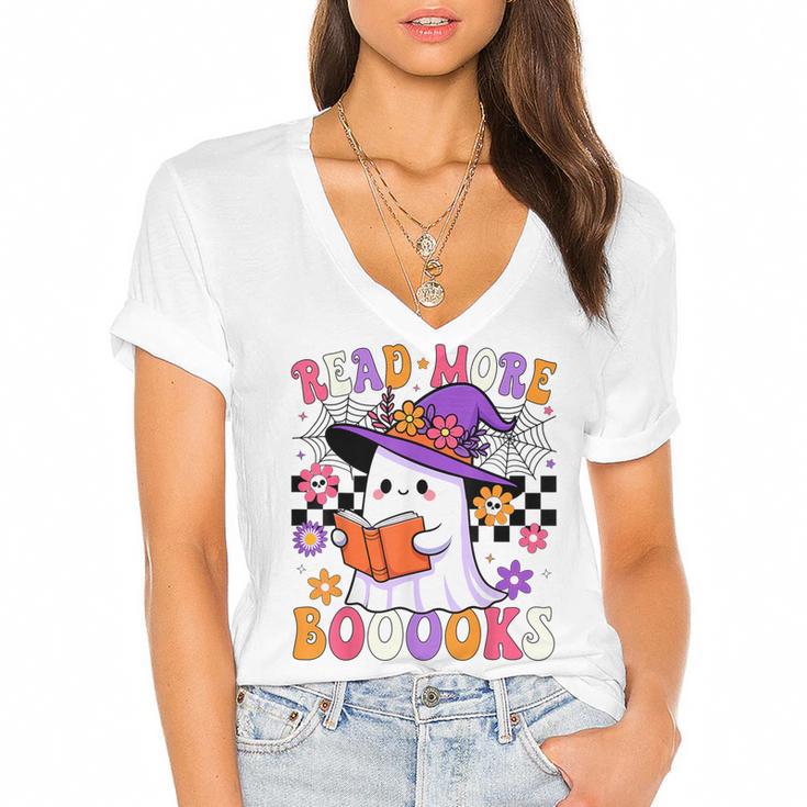 Read More Books Ghost Reading Book Teacher Halloween Women's Jersey Short Sleeve Deep V-Neck Tshirt				