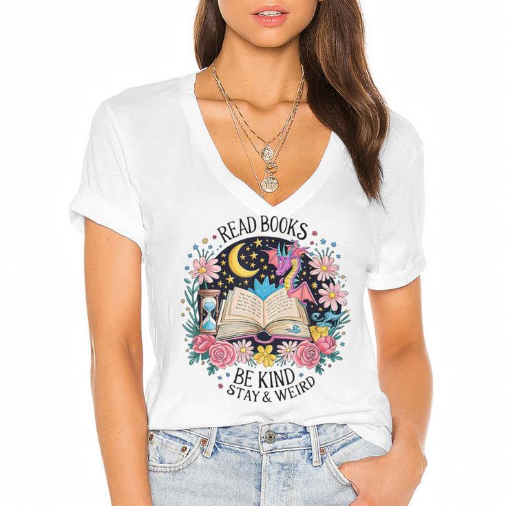 Read Books Be Kind Stay Weird Dragon Women's Jersey Short Sleeve Deep V-Neck Tshirt