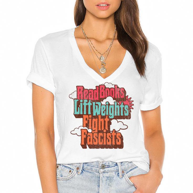 Read Books Lift Weights Fight Fascists Reading No Kings Premium Tri-Blend Women's Jersey Short Sleeve Deep V-Neck Tshirt				