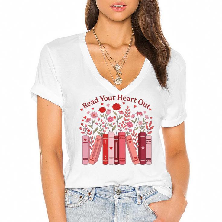 Read Your Heart Out Teacher Valentines Day Reading Book Women's Jersey Short Sleeve Deep V-Neck Tshirt				